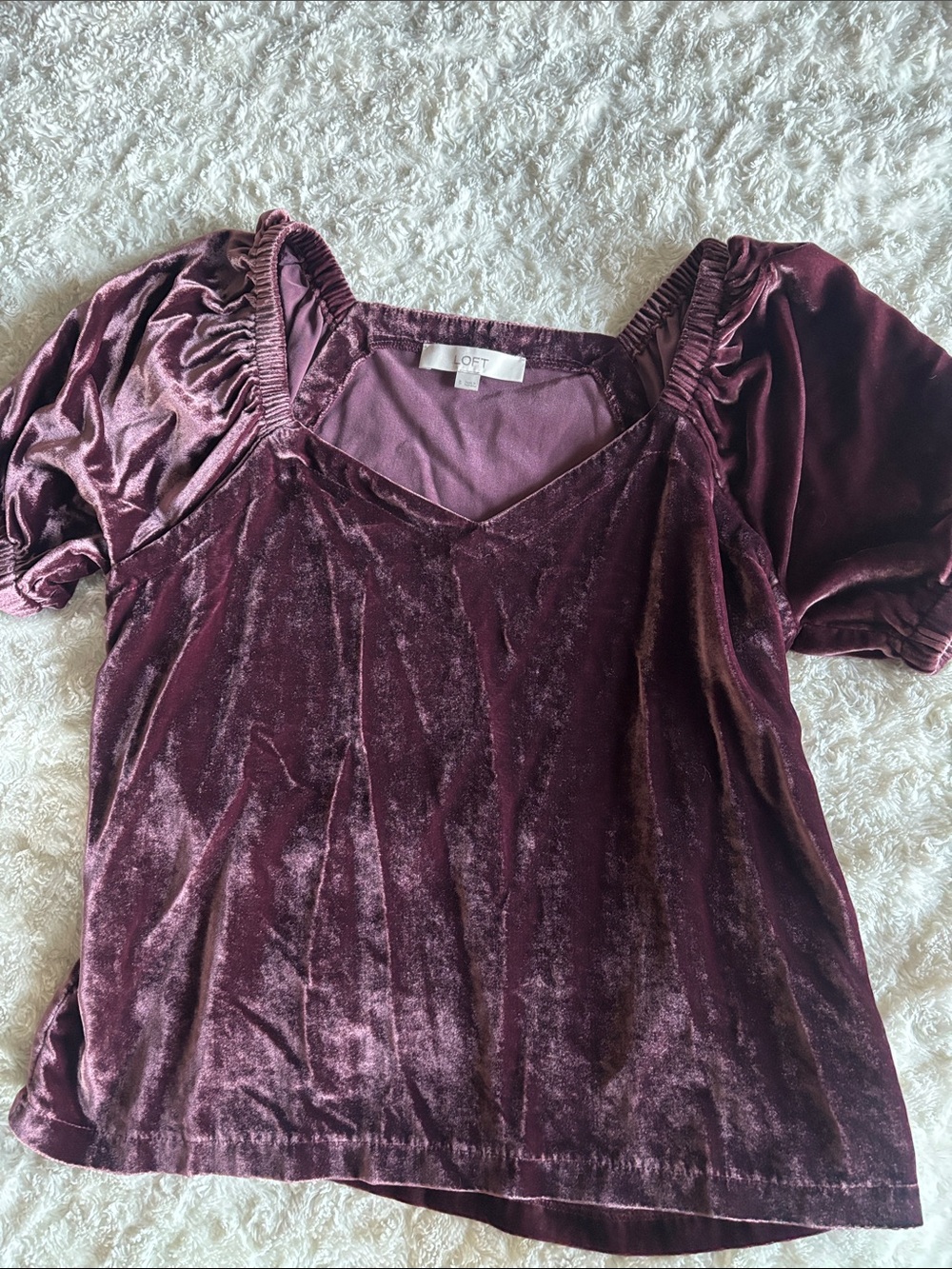 LOFT Velvet Puff Sleeve Top in Wine